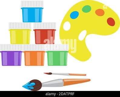 Paint in jars, palette and tassels Stock Vector