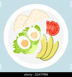 Breakfast on a plate boiled eggs with tomato avocado a slice of bread and herbs. top view flat vector illustration Stock Vector