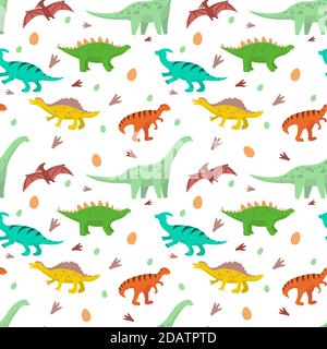 pattern of cartoon dinosaurs, diplodocus, stegosaurus, pteranodon Stock Vector