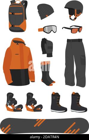 snowboard equipment. clothes, shoes and accessories of a snowboarder. extreme sport. Winter activity icons Stock Vector
