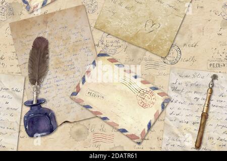 Background in vintage style with hand written letters, post stamps, envelopes, fountain pens, feathers. Watercolor hand drawn illustration on old aged Stock Photo