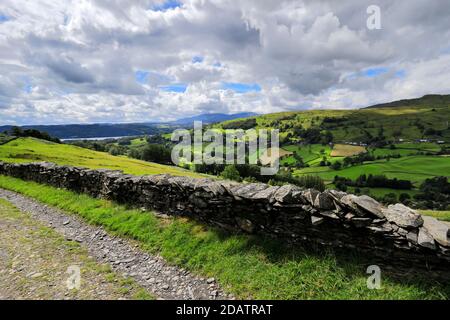 Summer view over Troutbeck village, Troutbeck valley, Kirkstone pass, Lake District National Park, Cumbria, England, UK Stock Photo