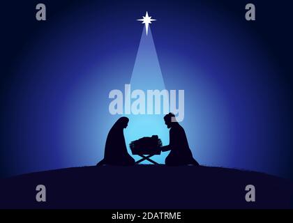 Christmas scene of baby Jesus in the manger with Mary and Joseph in silhouette, surrounded by star. Christian Nativity greeting card birth of Christ. Stock Vector