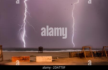 November 15, 2020, Gaza City, The Gaza Strip, Palestine: Lightning lights up the sky over Gaza sea during a storm in Gaza city. (Credit Image: © Abed Alrahman Alkahlout/Quds Net News via ZUMA Wire) Stock Photo