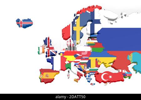 Europe 3d map with borders marked - each country on the map marked with its own flag - isolated on white - 3D Illustration Stock Photo