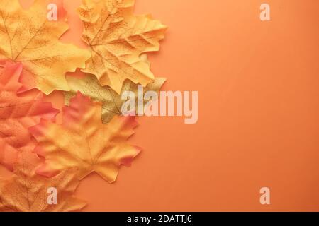 autumn maple leaves on orange background, top down Stock Photo