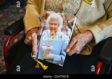 100th Birthday celebrations and receiving a telegram from the Queen at a house in West Sussex, UK. Stock Photo
