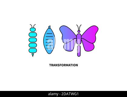 Transformation concept. Caterpillar, butterfly, and cocoon stages Stock Vector