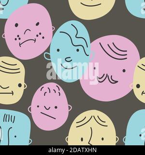 Seamless hand drawn pattern with different faces. Background with sketchy abstract characters. Stock Vector