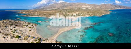 Aerial panoramic view of Elafonisi Beach, one of the most popular tourist destinations in the southwest of Crete, Greece Stock Photo