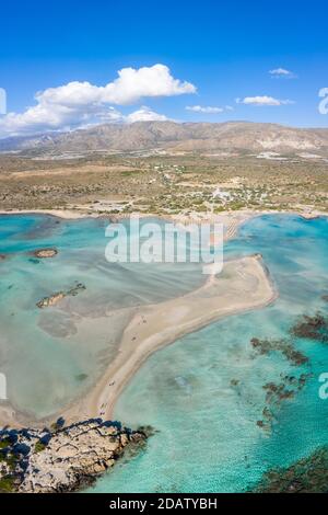 Aerial view of the sandbar at Elafonisi Beach, one of the most popular tourist destinations in the southwest of Crete, Greece Stock Photo