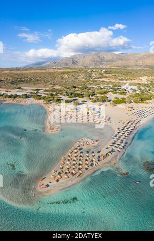 Aerial view of sun umbrellas at Elafonisi Beach, one of the most popular tourist destinations in the southwest of Crete, Greece Stock Photo