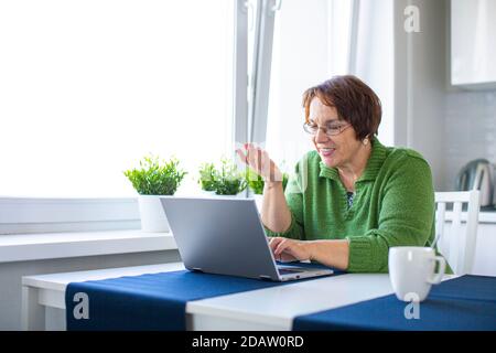 Portrait of a senior woman having online conversation in home interior. Stock Photo