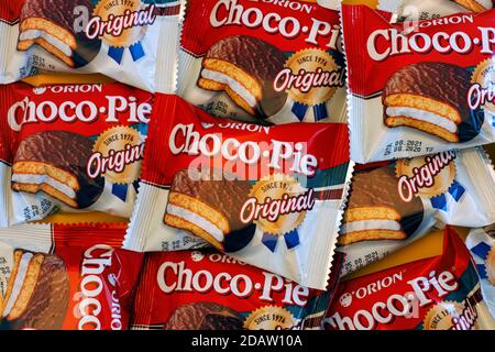 Tambov, Russian Federation - October 30, 2020 Orion Choco-Pie snack cakes background. Full frame. Stock Photo