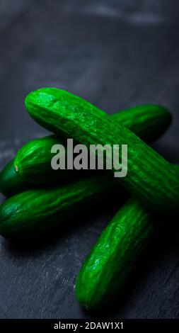 Mini green cucumber on a dark background Stock Photo