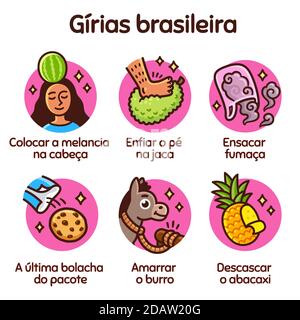 Cartoon drawing of Brazilian slang expressions in their literal meaning. Funny vector illustration set. Stock Vector