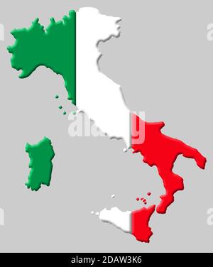 3D map of Italy with colours of the Italian national flag Stock Photo