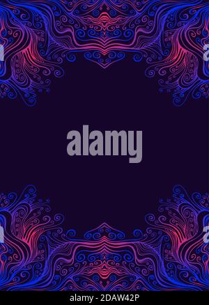 Bright decorative abstract psychedelic frame with graceful ornament of many curls,waves and place for text, lines bright blue pink color gradient, iso Stock Vector