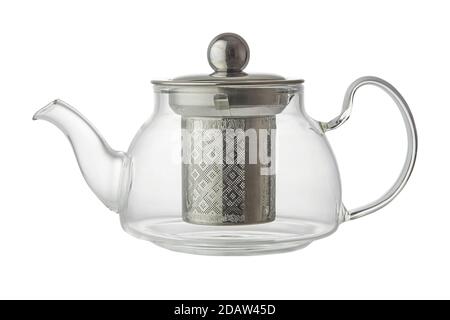 Empty glass teapot on white background close up Stock Photo