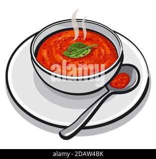 illustration of the hot tomato soup with a basil in a bowl Stock Vector