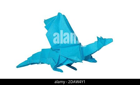Handcrafted origami on white isolated background, fantasy origami creature, origami animal Stock Photo