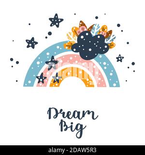 Cute nursery bohemian rainbow in scandinavian style vector illustration with stars and clouds for design or print. Stock Vector
