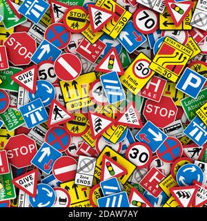 Extra large 3D illustration of British road signs like stop signs, speed limit signs and warning signs. Stock Photo