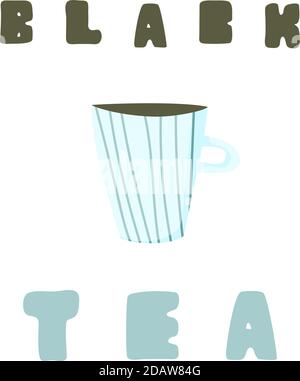 Cute stylized blue cup with linear print. Black tea. Stock Vector
