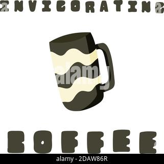 Cylindrical black cup with curly lines print for coffee or tea. Invigorating coffee. Stock Vector