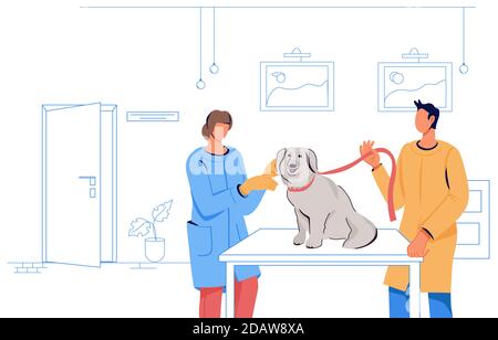 Veterinary doctor examining a sick dog in vet clinic, flat vector isolated. Stock Vector