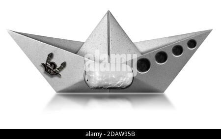 White paper boat with anchor, portholes and a fender bumper, isolated on white background with reflections, photography. Stock Photo