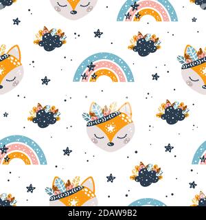 Cute bohemian childish seamless pattern with foxes, rainbows, clouds, stars and feathers in Scandinavian style vector illustration for design or print Stock Vector