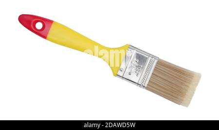 Yellow plastic paint brush isolated on white. Top view. Stock Photo