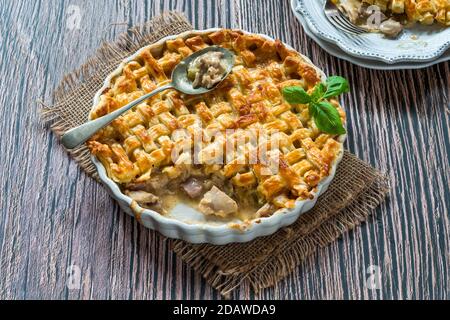 Chicken and bacon pie with lattice puff pastry - high angle view Stock Photo