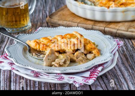Chicken and bacon pie with lattice puff pastry Stock Photo