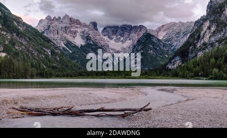 Alpine lake Lago di Landro in Dolomites mountains, South Tyrol, Italy Stock Photo