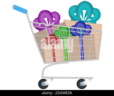 Shopping cart with gifts, boxes with bows, vector illustration, eps 10 Stock Vector