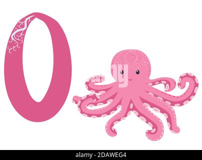 Happy Pink, Turquoise Octopus Cartoon Mascot Character. Marine inhabitants, Scandinavian style, hand drawn Stock Vector