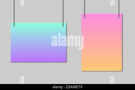 Vector realistic gradient blank A4 paper poster hanging on a rope with clip - stock vector. EPS 10 Stock Vector