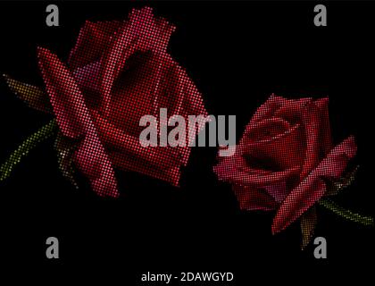 Halftone red roses on a black background. Vector flowers. EPS 10 Stock Vector