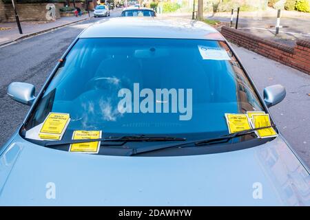 Parking fine notice Penalty charge notice on car windshield Stock Photo