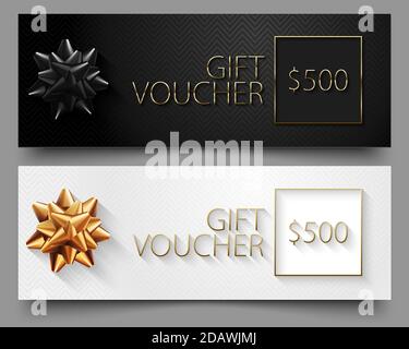 Luxury black and white gift voucher vector horizontal design set. Elegant template for a festive gift card, coupon or certificate. Gold thin text Stock Vector