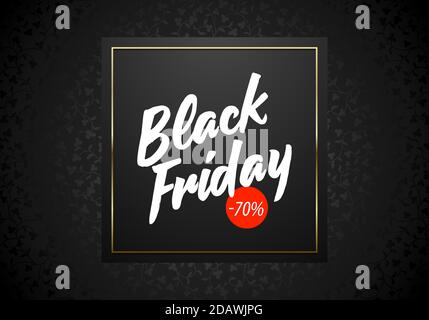 Black Friday Sale vector banner on black geometric background. White lettering text. Square with gold frame and red round price tag 70 percent Stock Vector