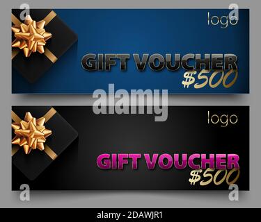 Luxury gift voucher, gift box vector horizontal design set. Elegant template for a festive gift card, coupon or certificate. Glossy text Stock Vector
