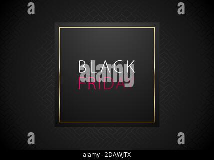 Black Friday Sale vector banner on black geometric background. White and pink text. Square with gold frame. Stock Vector