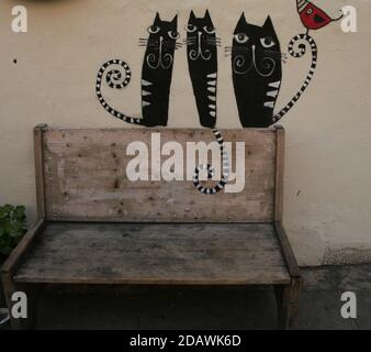 Three black sitting cats are painted on the wall above the wooden bench. And one tail on the back of the bench Stock Photo