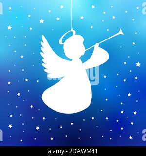 Flying angel with trumpet on a navy blue background. White isolated angel with trumpet starry silhouette, Merry Christmas card. Vector illustration Stock Vector