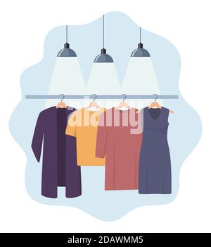 Clothes hang on a hanger, illuminated by lamps. Fashion boutique, assortment showroom. Women's personal wardrobe, dressing room. Trousers, summer dres Stock Vector
