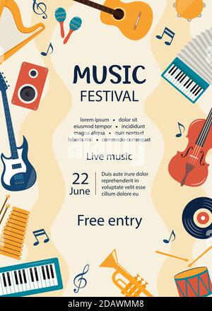 Music festival invitation. Musical flyer, poster template. Musical instruments and vinyl record. Guitar, synthesizer, violin, cello, drum, cymbals, sa Stock Vector