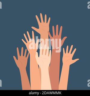 Multicultural crowd of people with hands up, teamwork of multinational team, horizontal seamless pattern Stock Vector